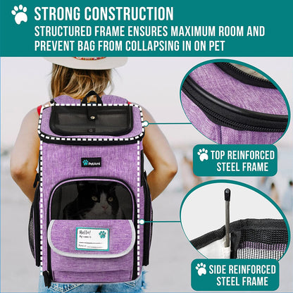 Dog Backpack Carrier, Airline Approved Cat Backpacks for Carrying Small Large Cats, Pet Carrier Back Pack, Ventilated Soft Sided Dog Cat Bookbag for Travel, Hiking, Camping, Purple