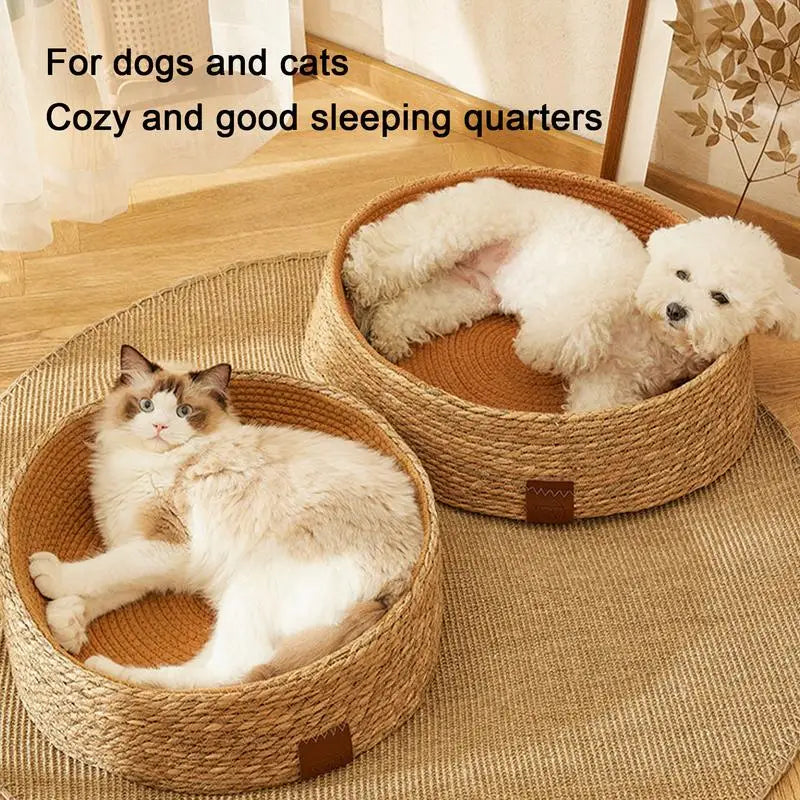 PE Rattan Woven Cat Bed Lounger Wicker Dog Bed Cat Scratching Board Cozy Kitten Nest Pet Furniture for Cat Scratching Rabbits